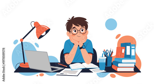 Student boy sits at his desk with a laptop and many books while looking up and daydreaming during his homework time.