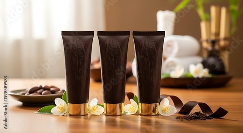 Three dark brown cosmetic tubes with golden caps are presented on a wooden surface with small white flowers and spa accessories arranged in a serene wellness setting promoting beauty and