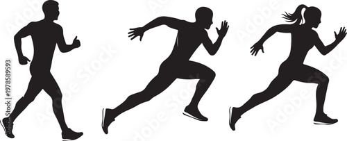 Running People Black Silhouette Vector Sport Fitness Set