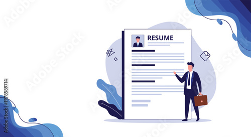 Professional recruiter in a suit stands beside a giant resume document and points at candidate information for a new job opening.