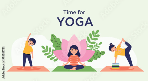 Diverse children perform various yoga stretches and poses on colorful mats in a healthy activity session titled Time for Yoga.