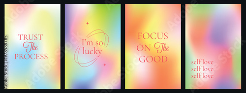 Poster set with motivate and inspirational phrase. Gradient bright blurred background with massage Patel pink mesh. Vintage y2k colorful banner collection for social media post.