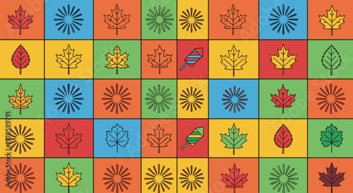 Colorful Leaves on Squares Pattern.