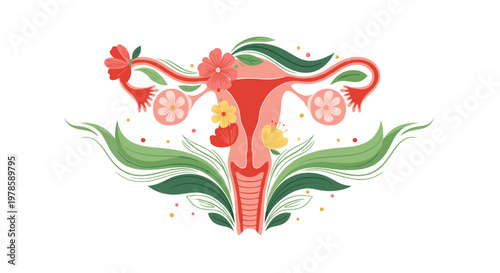 Artistic representation of the female reproductive system is beautifully adorned with colorful spring flowers and green tropical leaves.