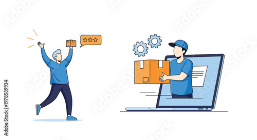 Excited customer cheers as a courier emerges from a laptop screen to deliver a package illustrating fast online shopping service.