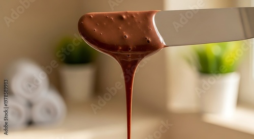 Delicious smooth liquid dark chocolate melting and dripping from a metal utensil showcasing its rich texture in a warm inviting setting with green plants and rolled towels visible in soft focus