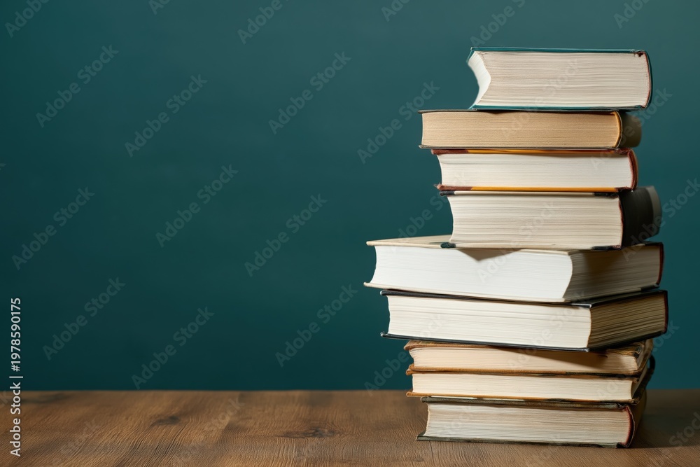 Fototapeta premium Stack of books stacked on wooden table against teal wall