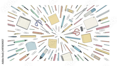 Stationery Universe: An artful explosion of essential stationery items, meticulously arranged to capture the creativity and order. From pencils to paperclips, a visual delight for any creative mind.