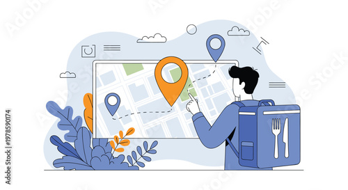 Food delivery courier with a blue backpack uses a large digital map with pins to navigate the city and find his destination.