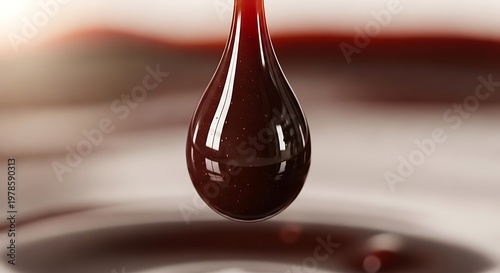 A single viscous liquid droplet suspended in motion its surface reflecting light and the ambient environment showcasing fluid dynamics with its ripple patterns and overall abstract aesthetic for
