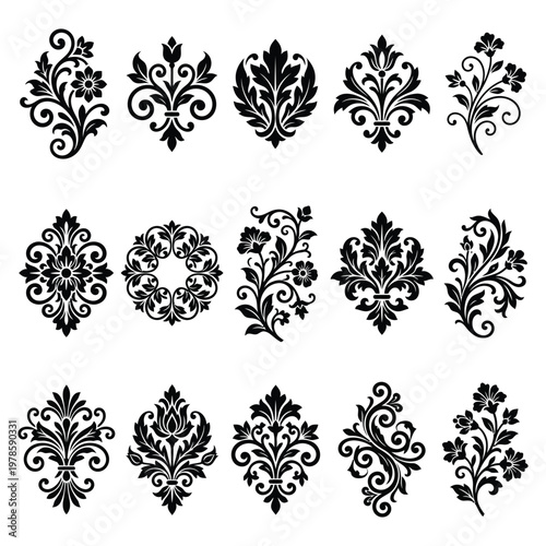 Collection of elegant black floral damask ornaments and decorative elements on a clean white background