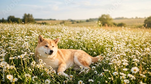 Shiba Inu In White Daisy Field With Dreamy Sunlight