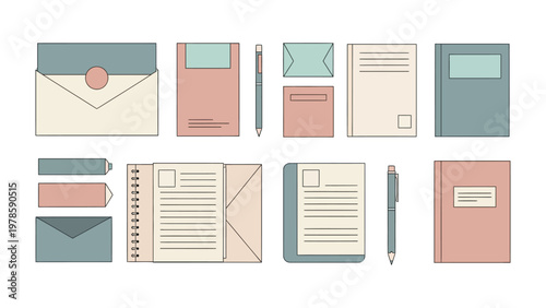 Obraz na plátně Assorted Stationery on Seamless Background: A harmonious array of stationery elements including envelopes, notebooks, pens, and note pads