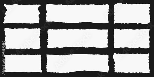 Nine torn paper pieces arranged in a grid on a black background