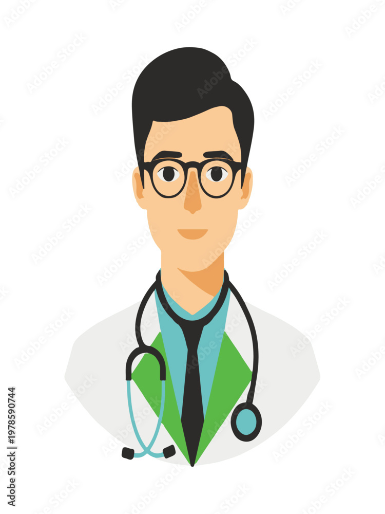 Fototapeta premium Male doctor portrait wearing white coat and stethoscope, professional healthcare worker character vector illustration.