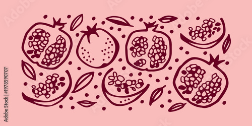 Hand drawn illustration featuring halved and whole pomegranates with leaves