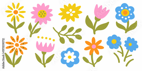 Colorful cartoon flowers with green stems arranged on a white background