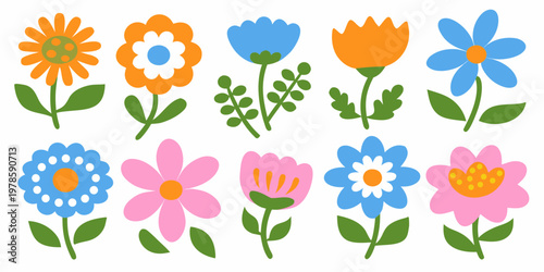Colorful stylized flowers arranged in rows featuring various blooms
