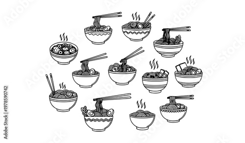 Ramen and noodle doodle line icons set Asian cuisine vector illustration