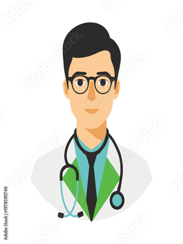 Male doctor portrait wearing white coat and stethoscope, professional healthcare worker character vector illustration.