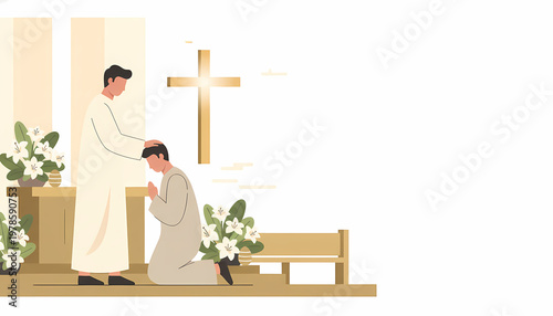 Bride and groom praying at church altar with cross