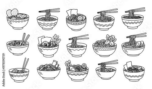 Asian noodle and ramen doodle icon set hand drawn vector illustration for restaurant menu