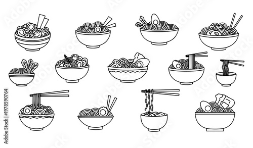 Minimal Asian noodle ramen doodle set outline food vector illustration