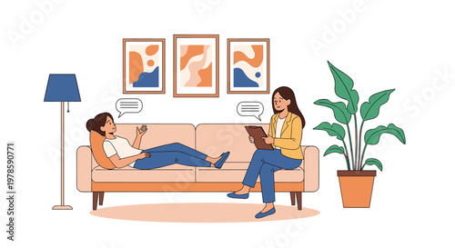 Professional therapist takes notes on a clipboard while her patient relaxes on a sofa and shares her thoughts during a session.