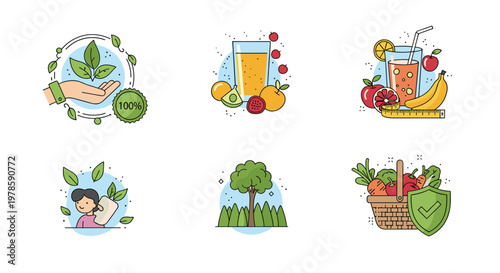 Diverse icons depicting healthy lifestyle choices including organic products, fresh juices, environment, and nutritious vegetables.