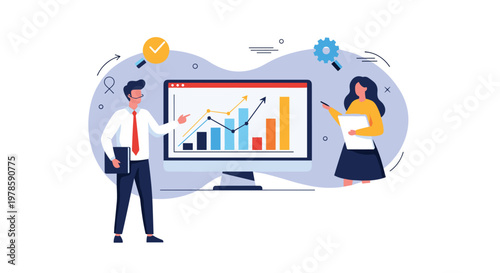 Business professional and analyst discuss positive financial results and growth trends displayed on a large desktop monitor.