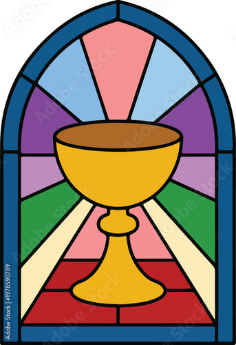 Minimalist stained glass style vector illustration of a golden holy grail chalice inside a colorful arched window frame for religious church christianity and spiritual ceremony design