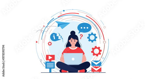 Stressed woman sits with her laptop while an overwhelming whirlwind of social media and task icons spin around her.