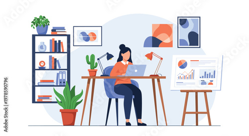 Focused woman works remotely at her home office desk using a laptop next to a whiteboard displaying business performance charts.