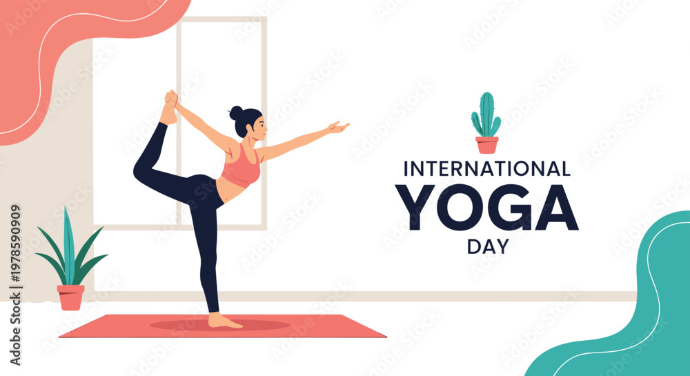 Fototapeta premium Healthy woman practices the Lord of the Dance yoga pose on a pink mat in a bright room during International Yoga Day celebration.