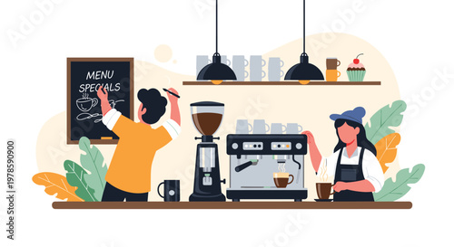 Professional baristas work behind a cafe counter preparing fresh coffee and writing daily specials on a chalkboard menu for customers.