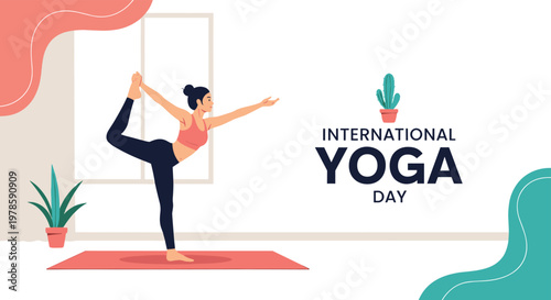 Healthy woman practices the Lord of the Dance yoga pose on a pink mat in a bright room during International Yoga Day celebration.