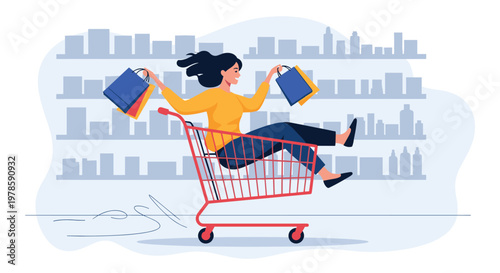Enthusiastic woman has fun riding in a red shopping cart while holding colorful shopping bags inside a supermarket or retail store.