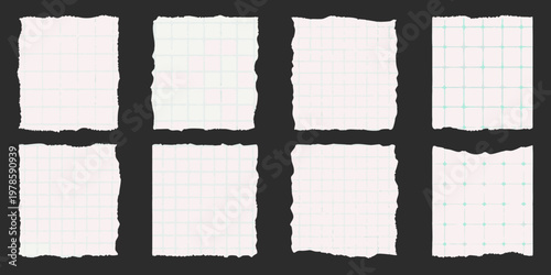 Torn paper pieces with varied backgrounds against a dark backdrop