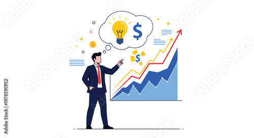 Successful businessman points toward a rising financial graph while thinking of a creative idea and money-making opportunities.