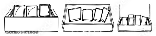 Small glass slides set with hand-inked line art illustrations of slides arranged inside a box on white background featuring glass slides, line art, box with hand-drawn and white background