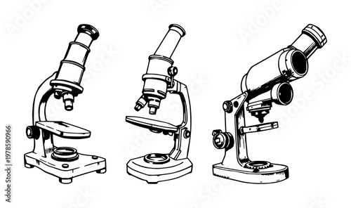 Antique brass monocular microscope set with rough sketchy illustration featuring antique, brass, monocular, microscope with mechanical and optical