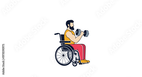 Determined man in a wheelchair performs a bicep curl with a heavy dumbbell to maintain his fitness and physical strength.