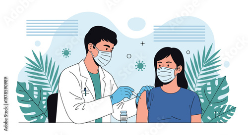 Male doctor in a white coat administers a vaccine injection to a female patient while both wear protective face masks in a clinic.