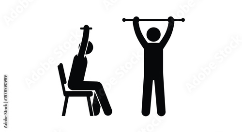 Vector graphic illustration showing stick figures performing physical rehabilitation exercises with a small bar for training