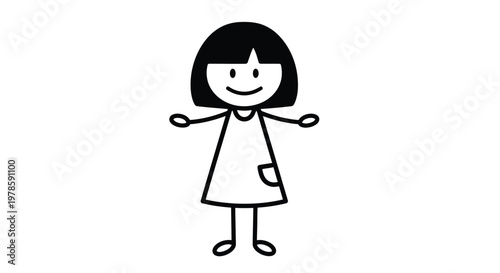 Simple vector illustration of a happy stick figure girl standing cheerfully with a friendly smile.