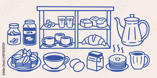 A blue line drawing depicts a breakfast setup with coffee and pastries