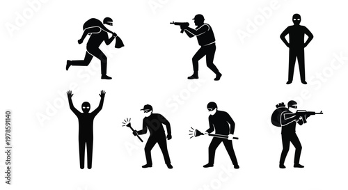 Professional vector graphic collection showing various silhouettes of criminals performing illegal actions for creative design projects
