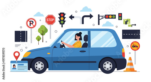Young woman drives a blue car while being surrounded by various traffic signs and educational symbols for a driving school concept.
