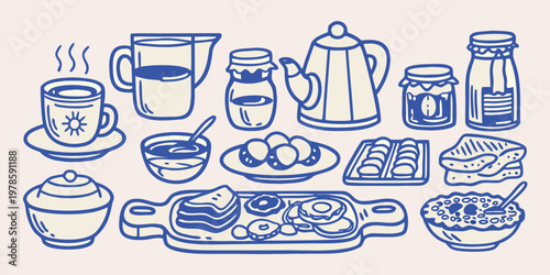 A charming blue line drawing showcasing a delightful breakfast spread