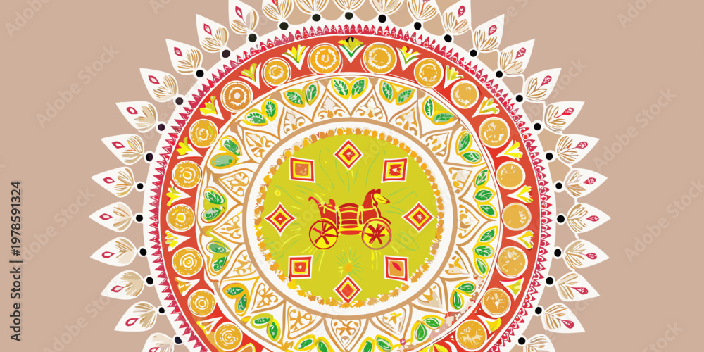 Fototapeta premium An ornate colorful mandala design features a horse drawn carriage motif